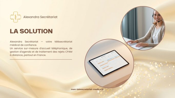 Texte sur un fond doré présentant une solution, avec une personne utilisant une tablette.
